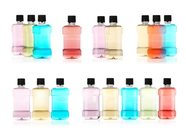 Set of bottles with mouthwash for teeth care on white background 