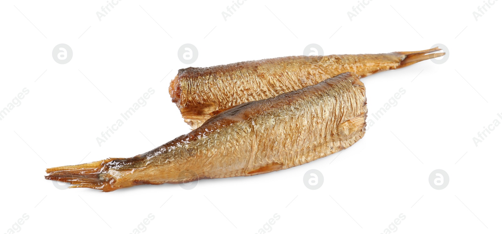 Photo of Two tasty smoked sprats isolated on white