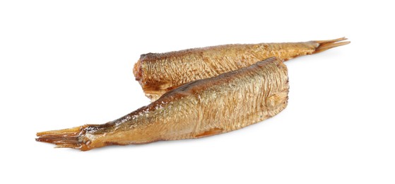 Photo of Two tasty smoked sprats isolated on white