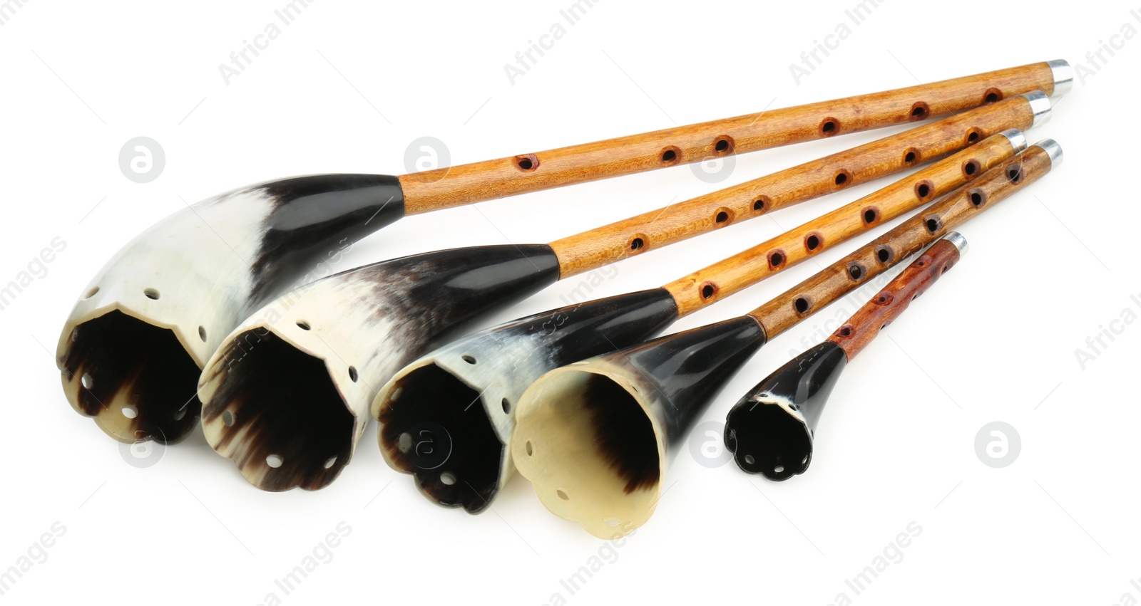 Photo of Vintage zhaleikas on white background. Woodwind musical instruments