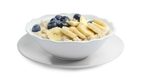 Photo of Tasty oatmeal with banana, blueberries, milk and butter in bowl isolated on white