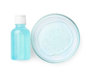 Photo of Petri dish with cosmetic product on white background, top view