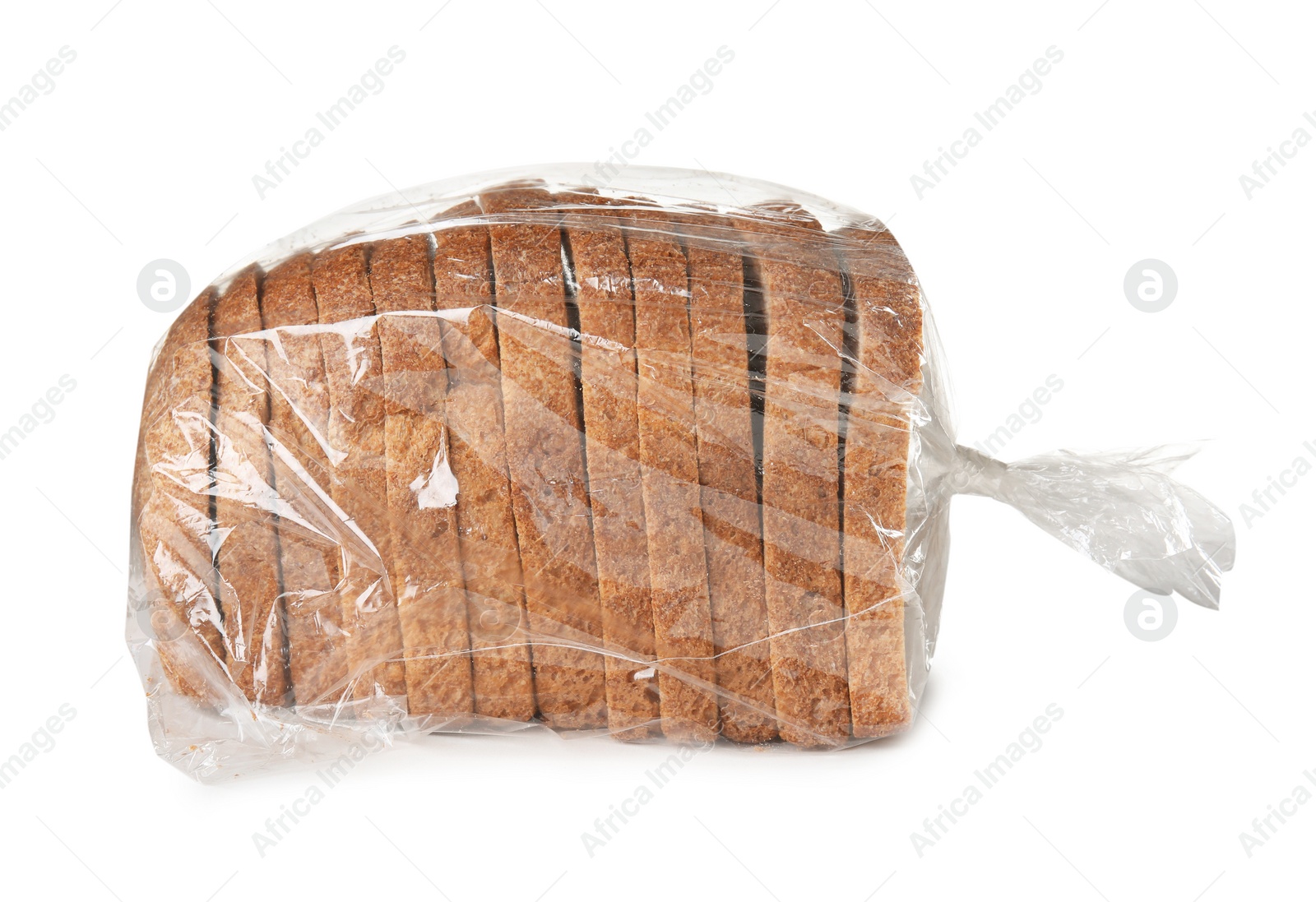 Photo of Sliced bread in plastic bag on white background