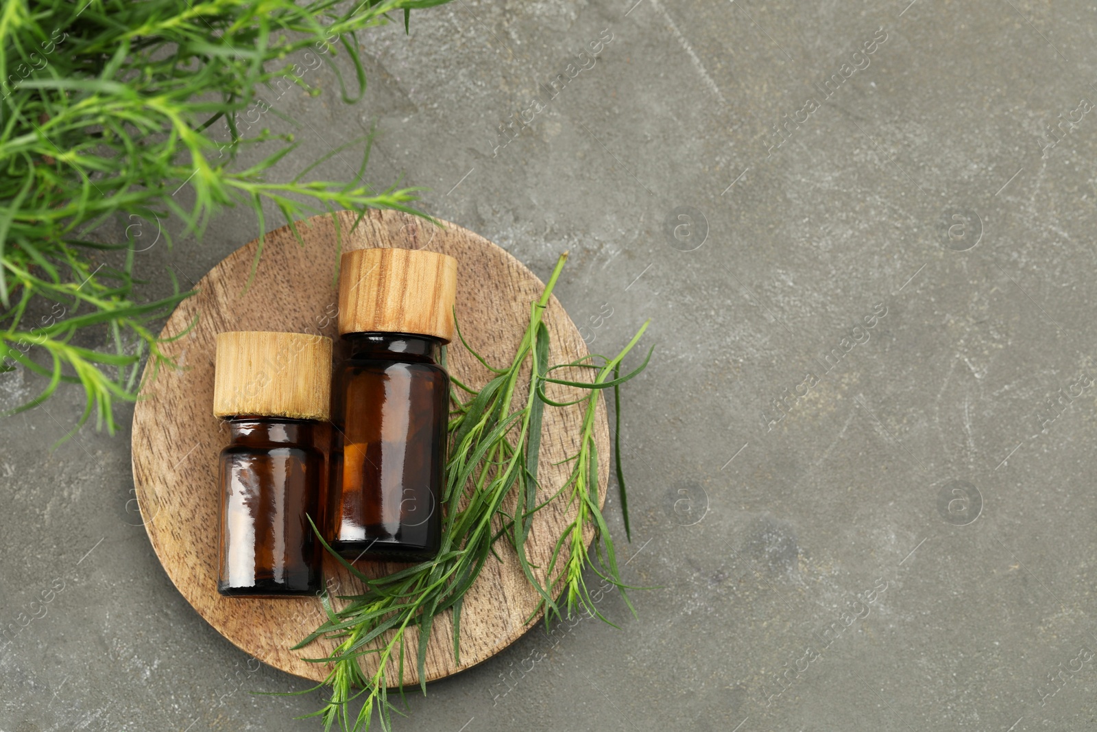 Photo of Bottles of essential oil and fresh tarragon leaves on grey table, flat lay. Space for text