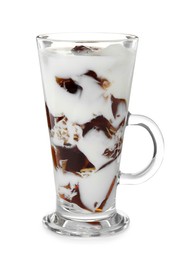 Photo of Glass cup of milk with delicious grass jelly isolated on white