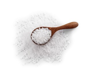 Photo of Wooden spoon and heap of natural sea salt isolated on white