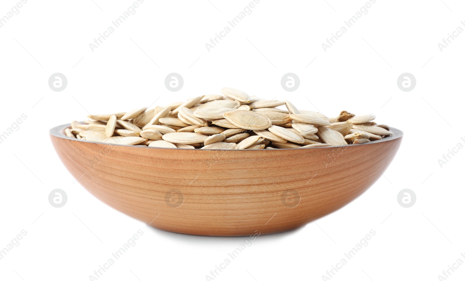 Photo of Raw pumpkin seeds in bowl on white background