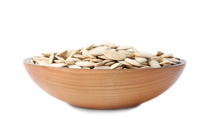 Photo of Raw pumpkin seeds in bowl on white background