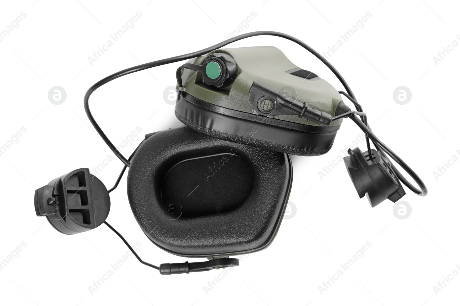 Photo of Tactical headphones on white background, top view. Military training equipment