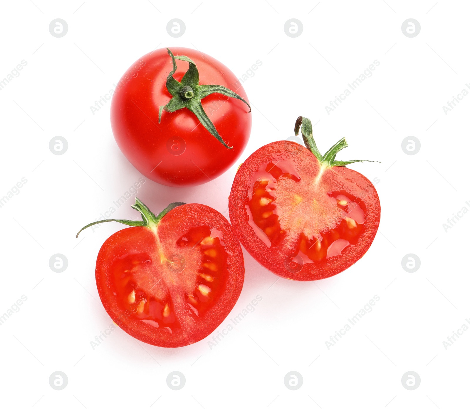 Photo of Cut fresh cherry tomatoes isolated on white