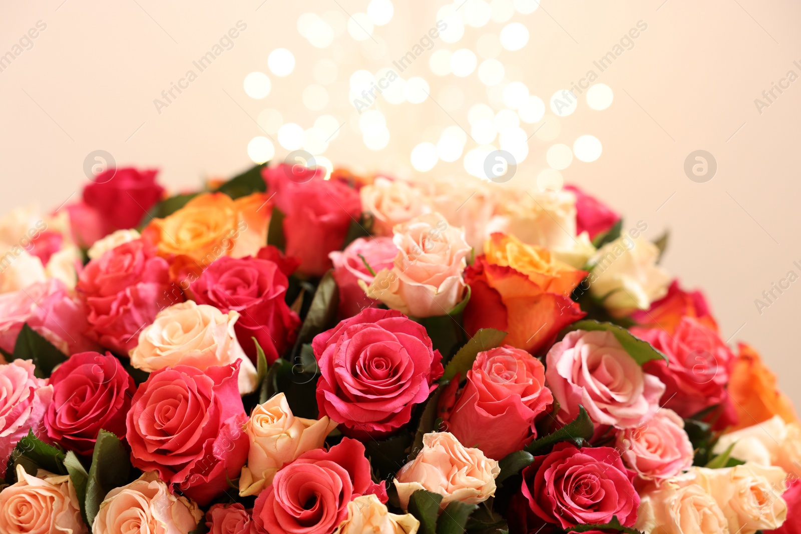 Photo of Beautiful bouquet of colorful roses on beige background, closeup