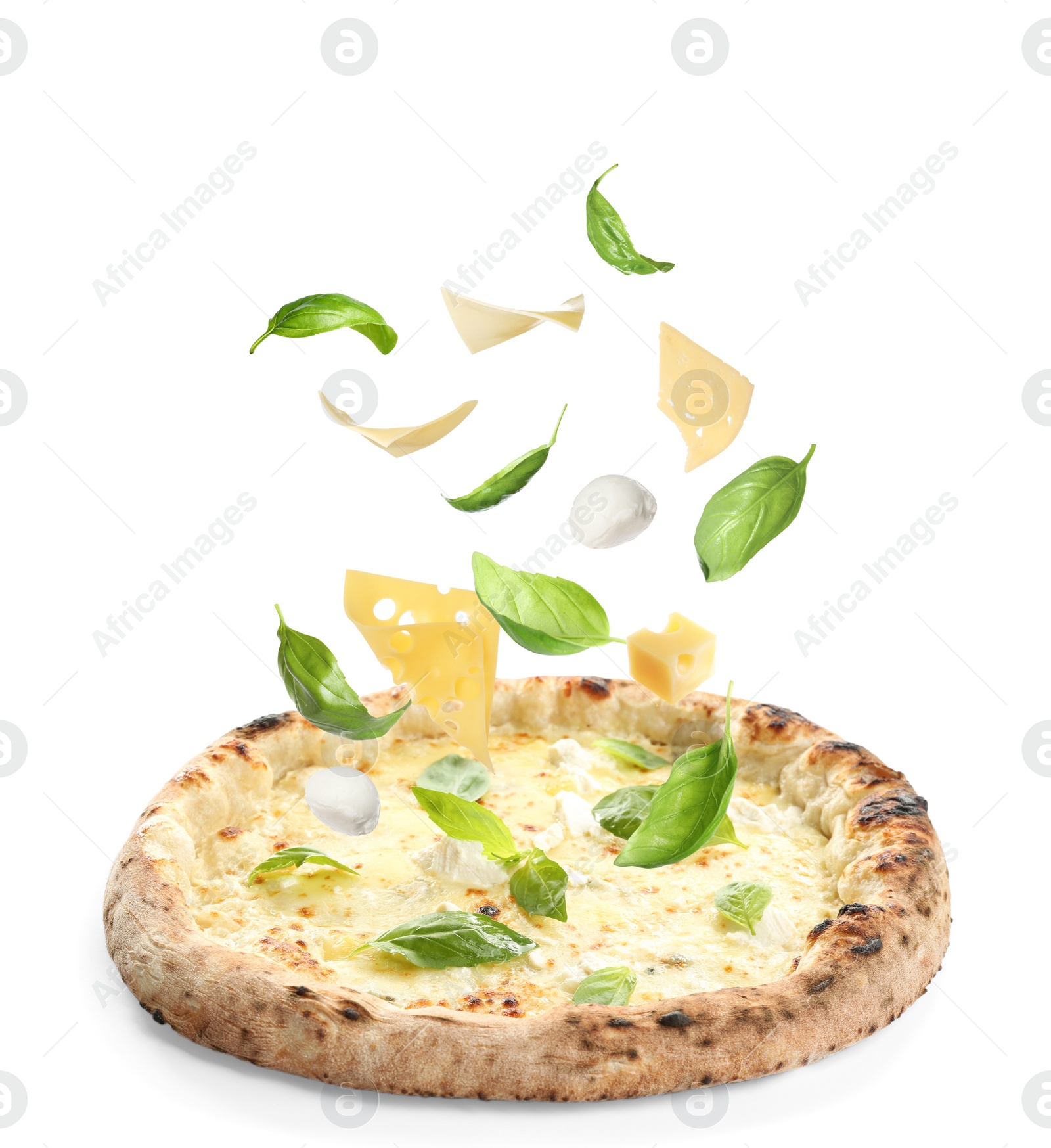 Image of Delicious pizza and flying ingredients on white background