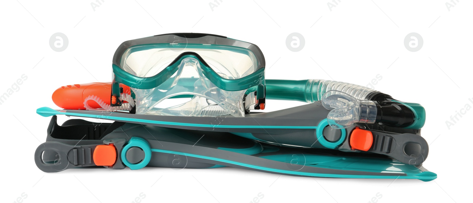 Photo of Pair of turquoise flippers and mask on white background