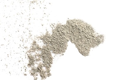 Photo of Pile of light dust scattered on white background, top view