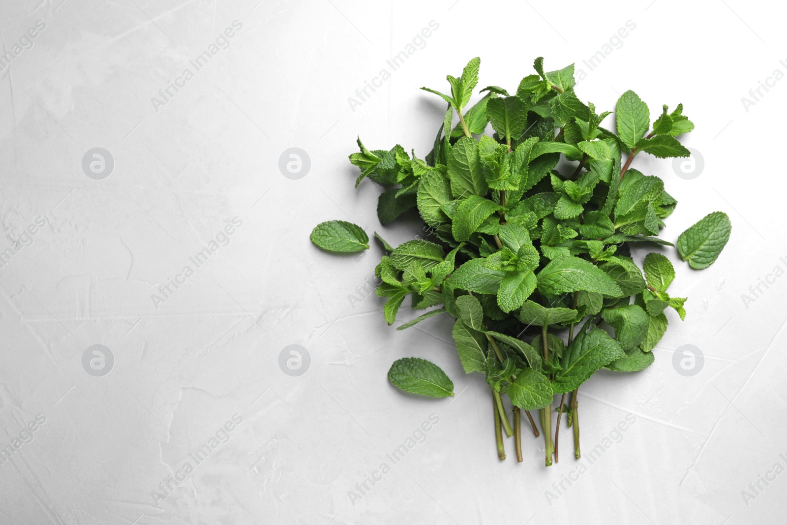 Photo of Bunch of fresh green mint and space for text on grey background, top view