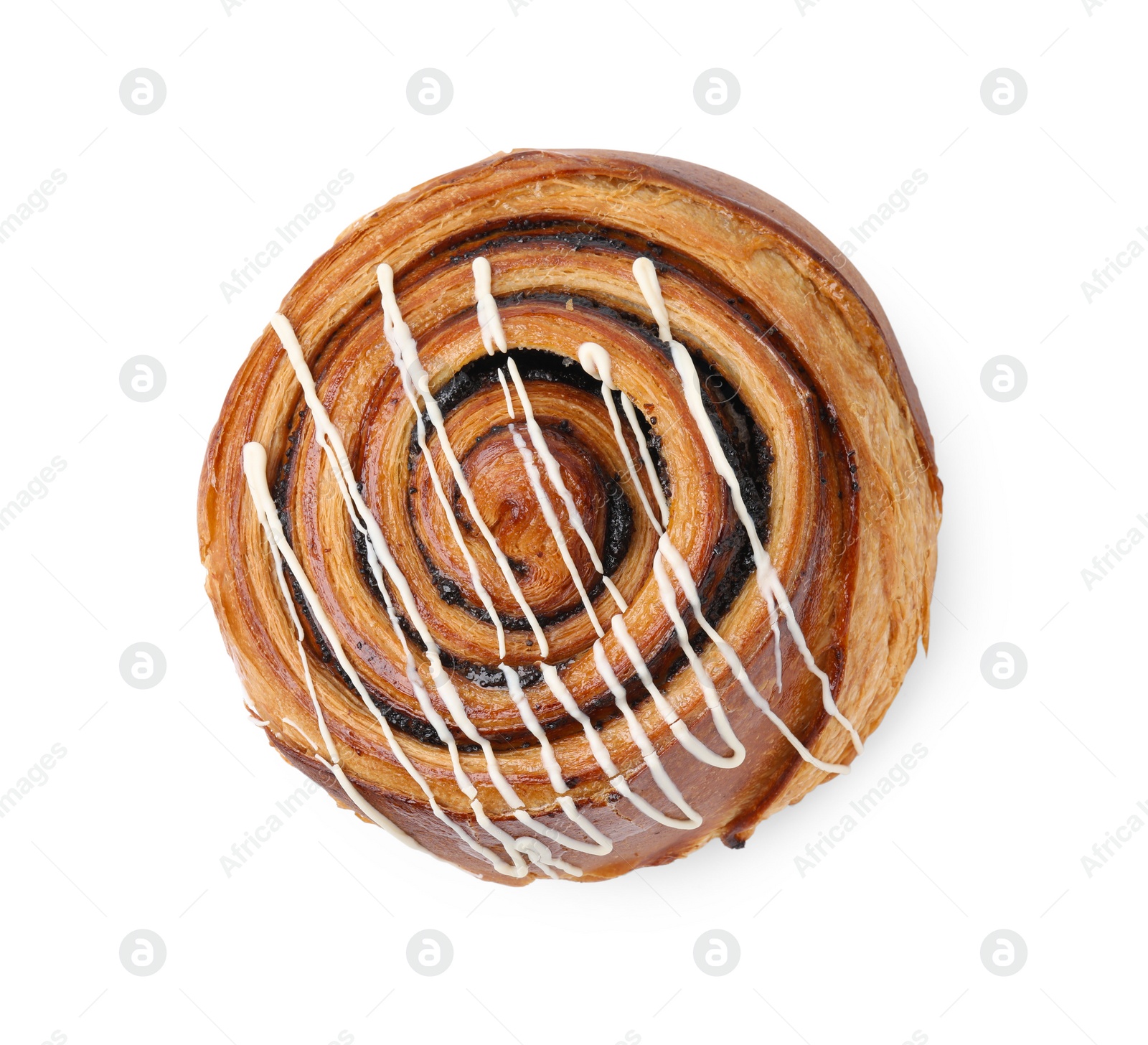 Photo of Delicious roll with topping and poppy seeds isolated on white, top view. Sweet bun