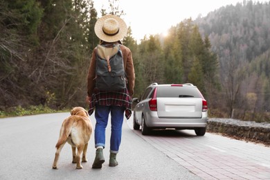 Woman and adorable dog walking along road, back view. Traveling with pet