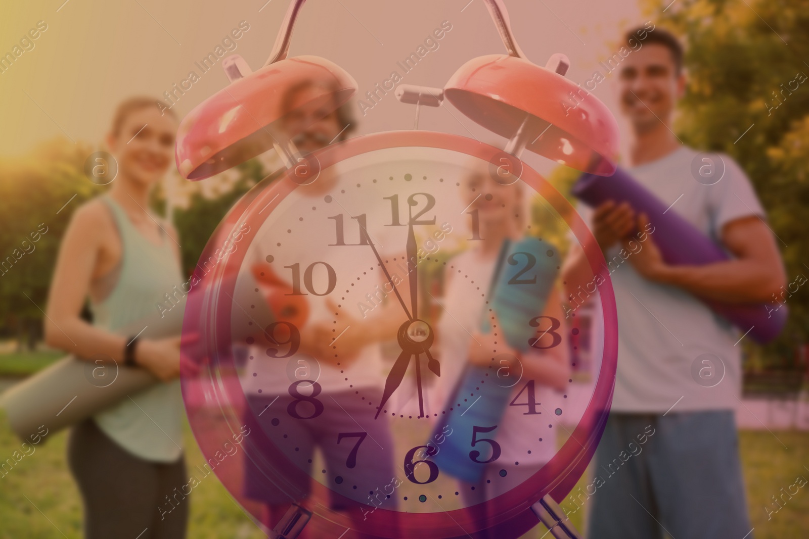 Image of Time to do morning exercises. Double exposure of people with yoga mats in park and alarm clock, color toned