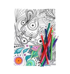 Photo of Antistress coloring page and pencils on white background, top view