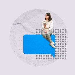 Image of Dialogue. Woman with mobile phone sitting on speech bubble on color background