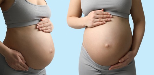 Image of Collage with photos of pregnant woman touching her belly on turquoise background, closeup. Banner design