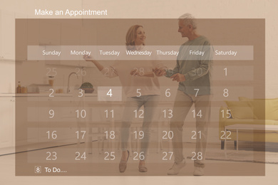 Image of Double exposure of calendar and happy mature couple dancing at home