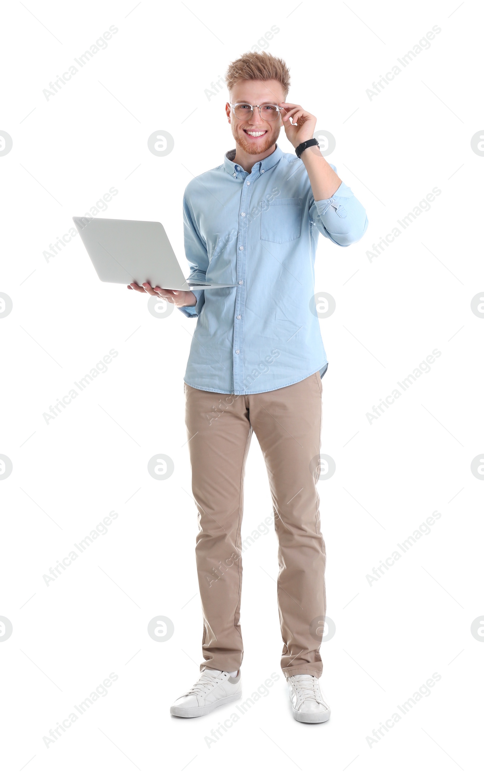 Photo of Young man with laptop on white background