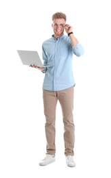 Photo of Young man with laptop on white background