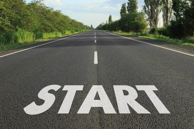 View of modern asphalt road with word Start in countryside