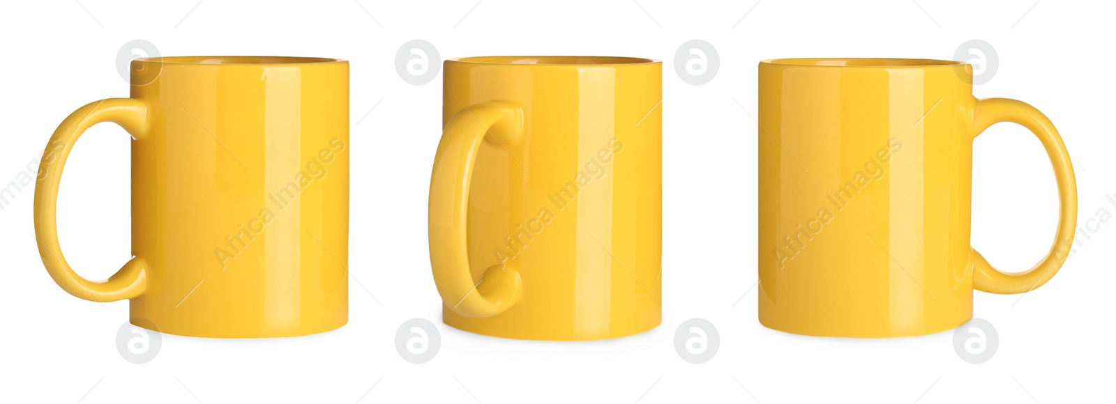 Image of Set with yellow ceramic mugs on white background. Banner design