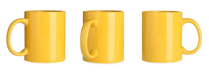 Image of Set with yellow ceramic mugs on white background. Banner design