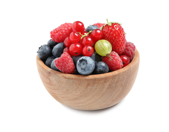 Photo of Mix of different fresh berries in bowl on white background