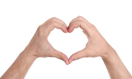 Photo of Man making heart with his hands on white background, closeup