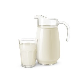 Image of Glass and jug with milk isolated on white