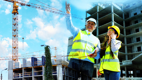 Image of Professional engineer and foreman with tablet in safety equipment at construction site