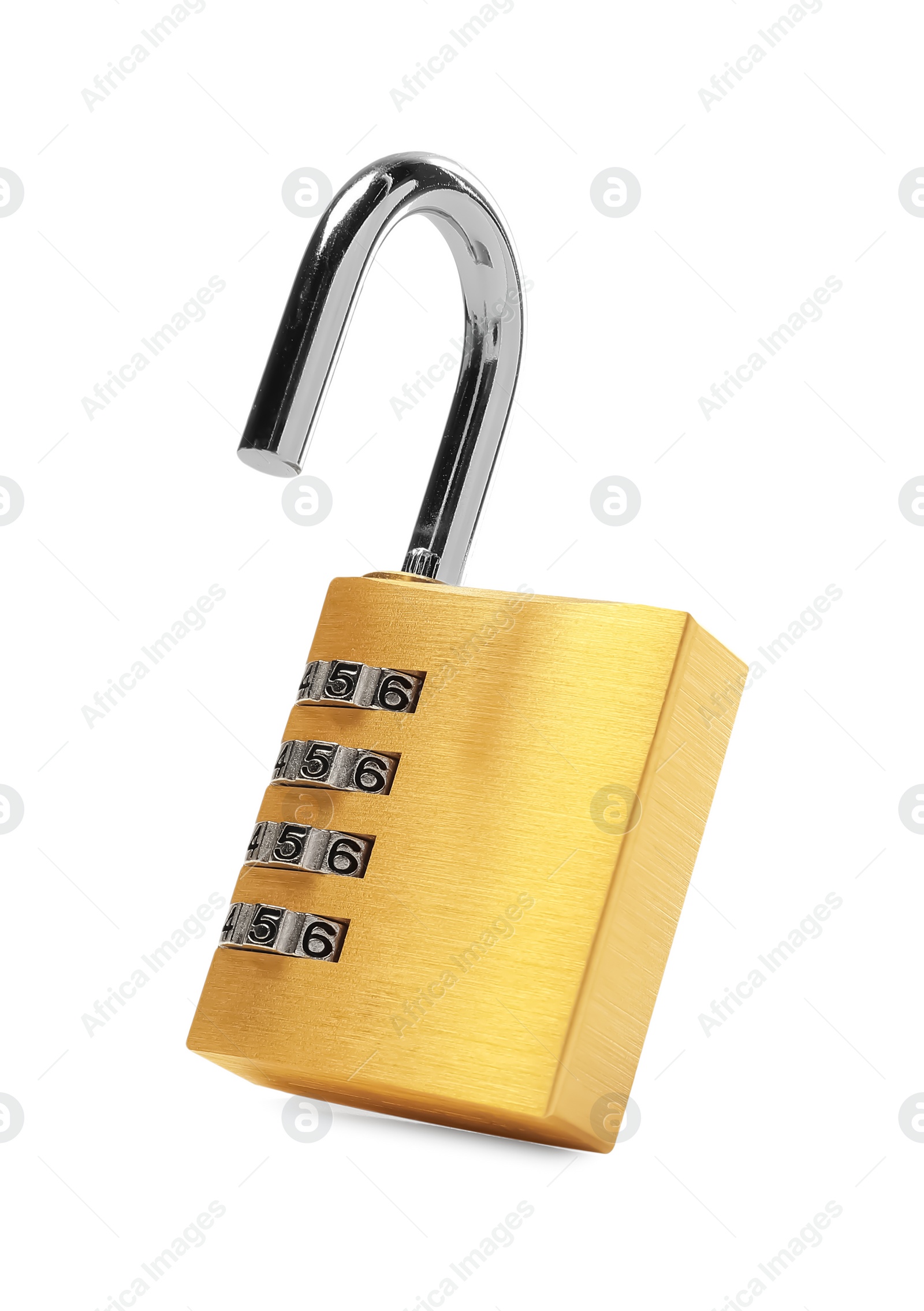 Photo of Unlocked steel combination padlock isolated on white