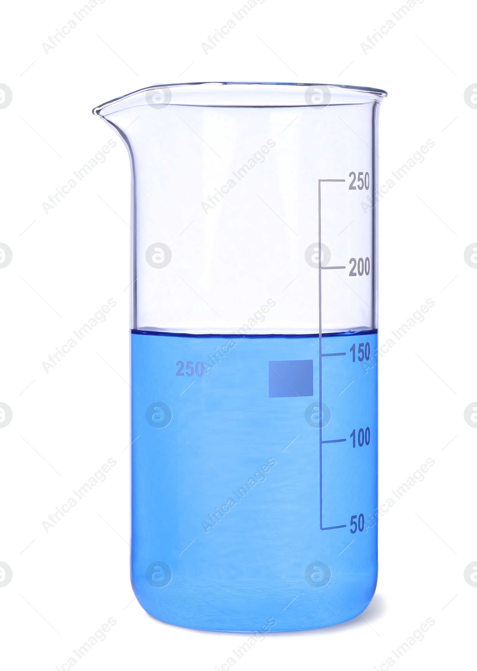 Photo of Glass beaker with light blue liquid isolated on white