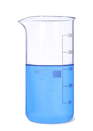 Photo of Glass beaker with light blue liquid isolated on white