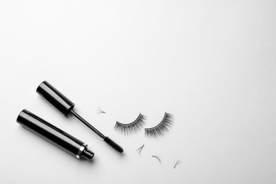 False eyelashes and mascara on white background, top view