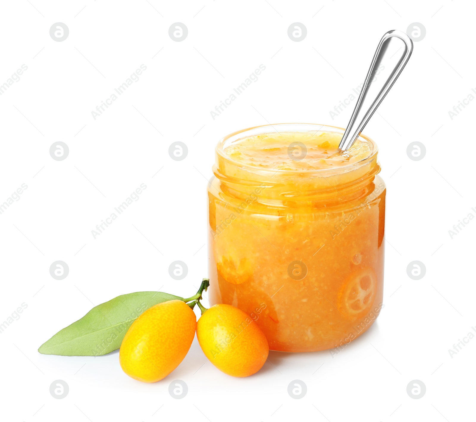 Photo of Delicious kumquat jam in jar and fresh fruits on white background