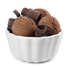 Photo of Bowl of tasty ice cream with chocolate curls isolated on white