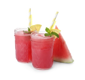 Photo of Delicious fresh watermelon drinks with fresh fruit on white background