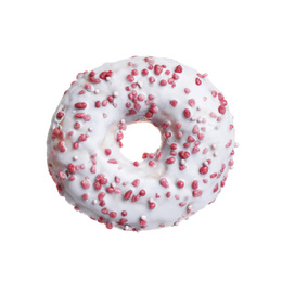 Photo of Sweet delicious glazed donut on white background