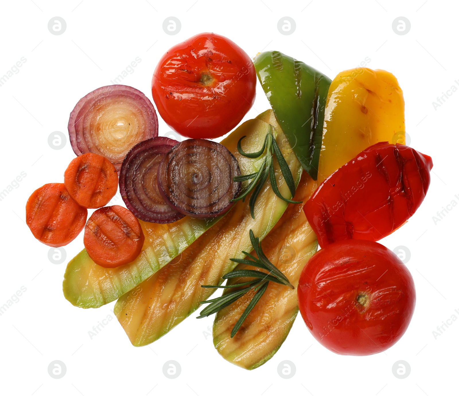 Photo of Different delicious grilled vegetables on white background, top view