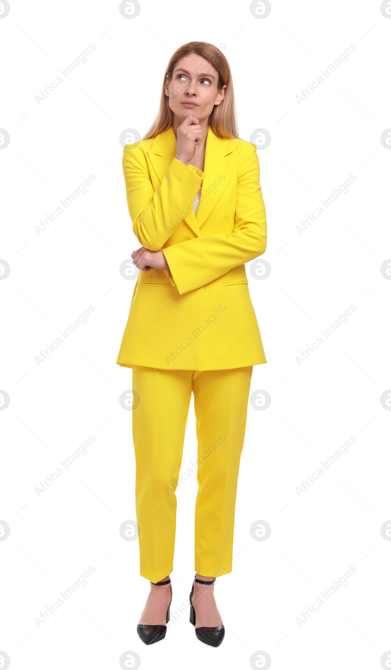 Photo of Beautiful businesswoman in suit posing on white background