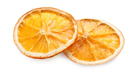 Photo of Delicious dry orange slices on white background