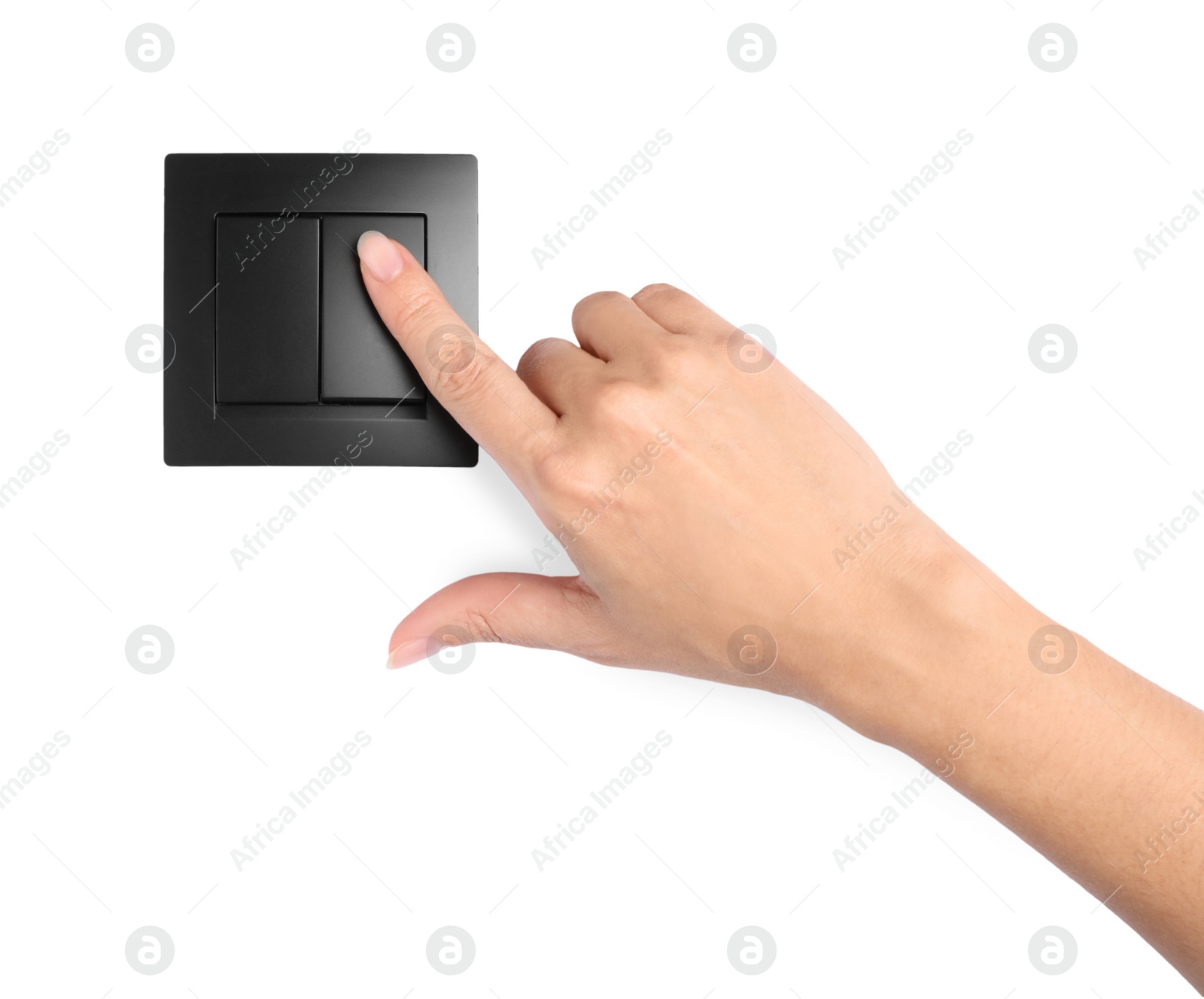 Photo of Woman pressing light switch on white background, closeup