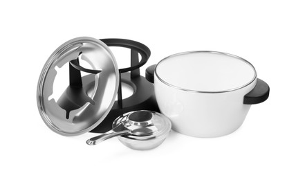 Fondue set isolated on white. Kitchen equipment