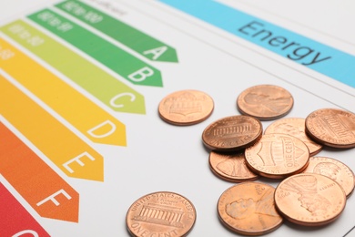 Photo of Coins on energy efficiency rating chart, closeup