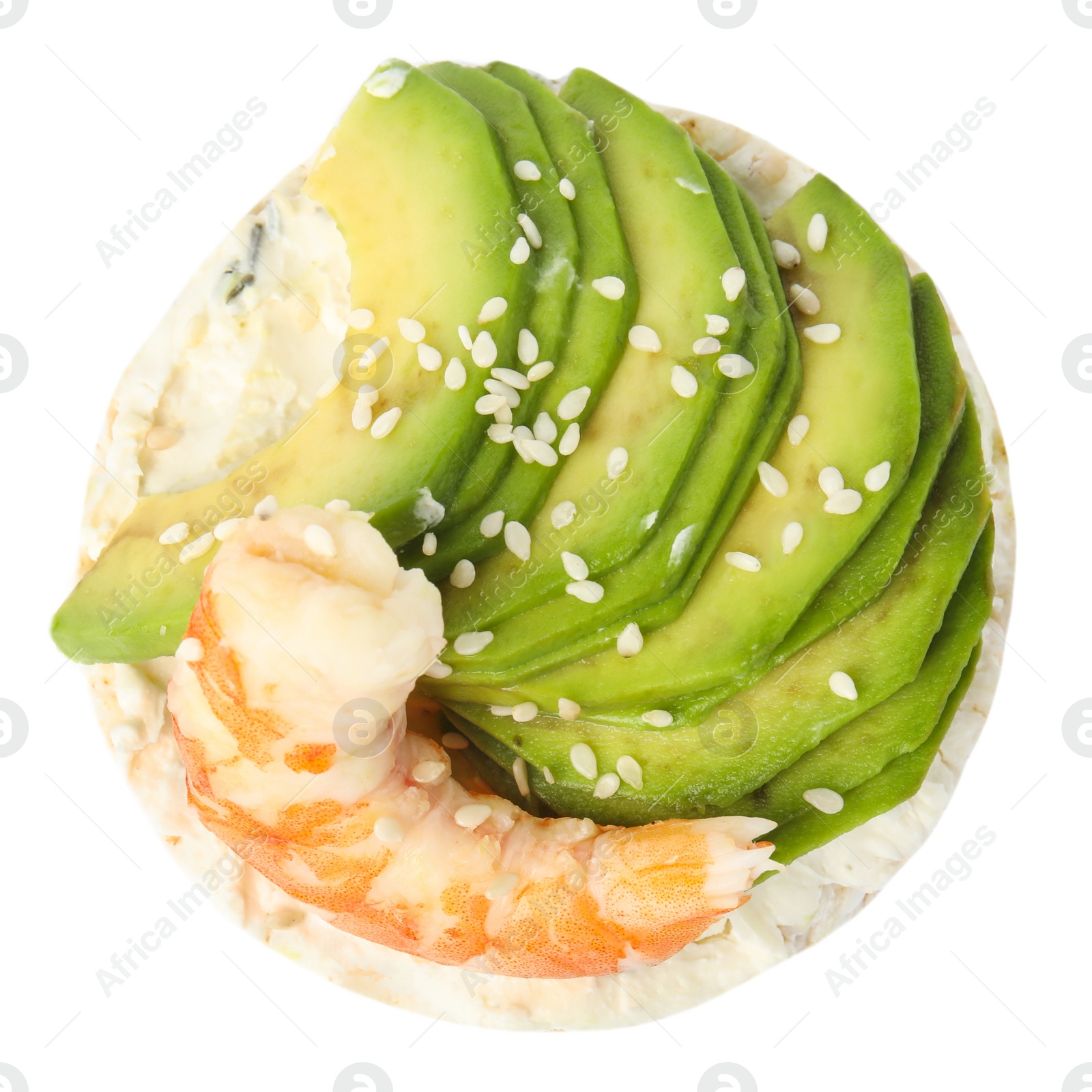 Photo of Puffed rice cake with shrimp and avocado isolated on white, top view